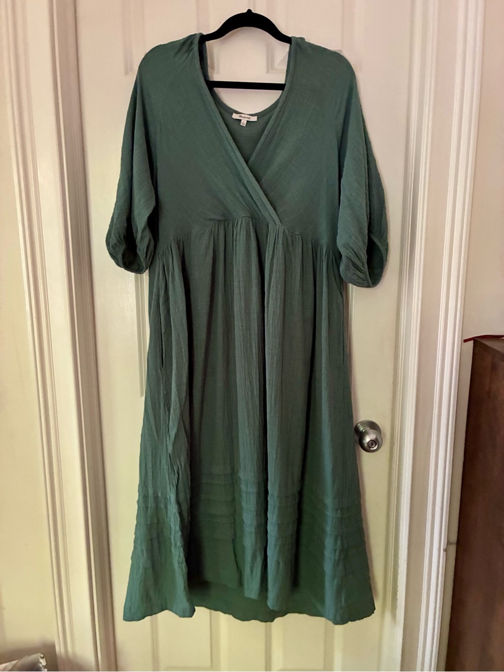 Madewell Wrap Empire Waist V-Neck Midi Dress in Teal Green